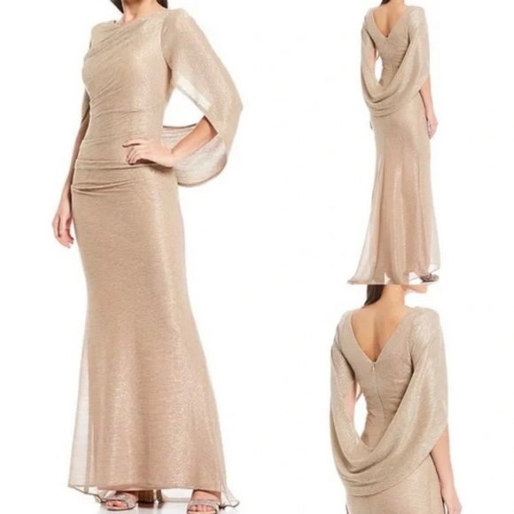 Betsy & Adam Rose Gold Silver Drape Back Cape Sleeve Ruched Mermaid Gown - Picture 2 of 2